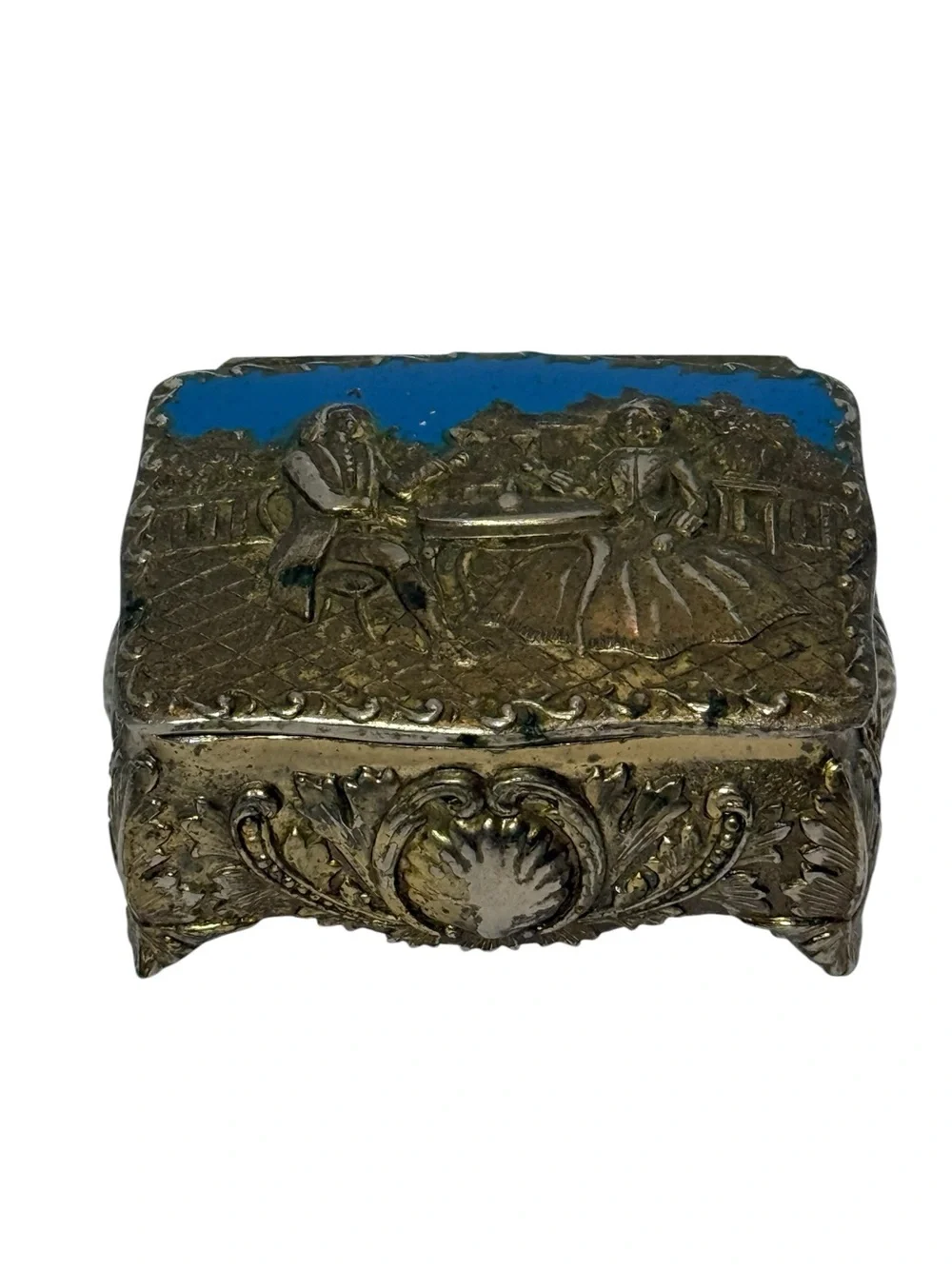 Vintage Repousse Metal Enamel Trinket Jewelry Box Courting Couple Made in Japan